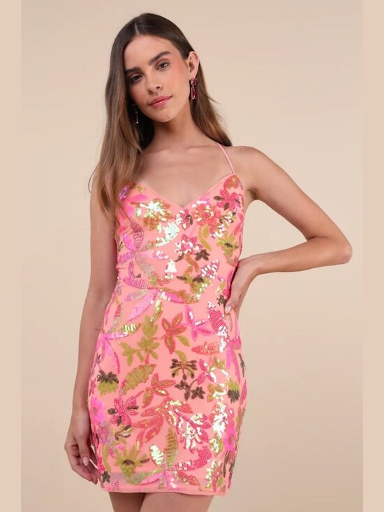 Lulus Dresses & Skirts - Lulus Neon Coral Pink Iridescent Sequin Floral Halter Backless Mini Dress M NWT